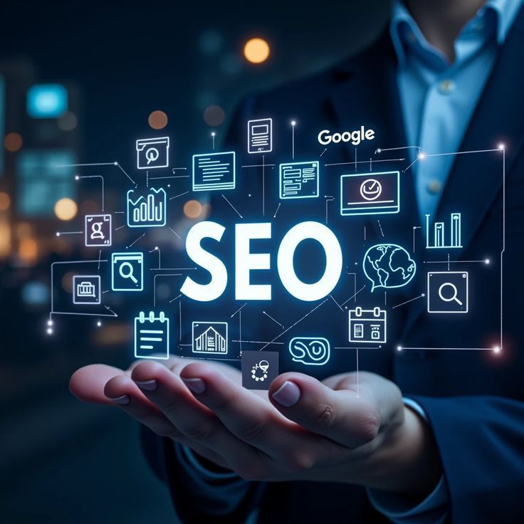 Digital marketing and SEO strategy visualised above an open hand